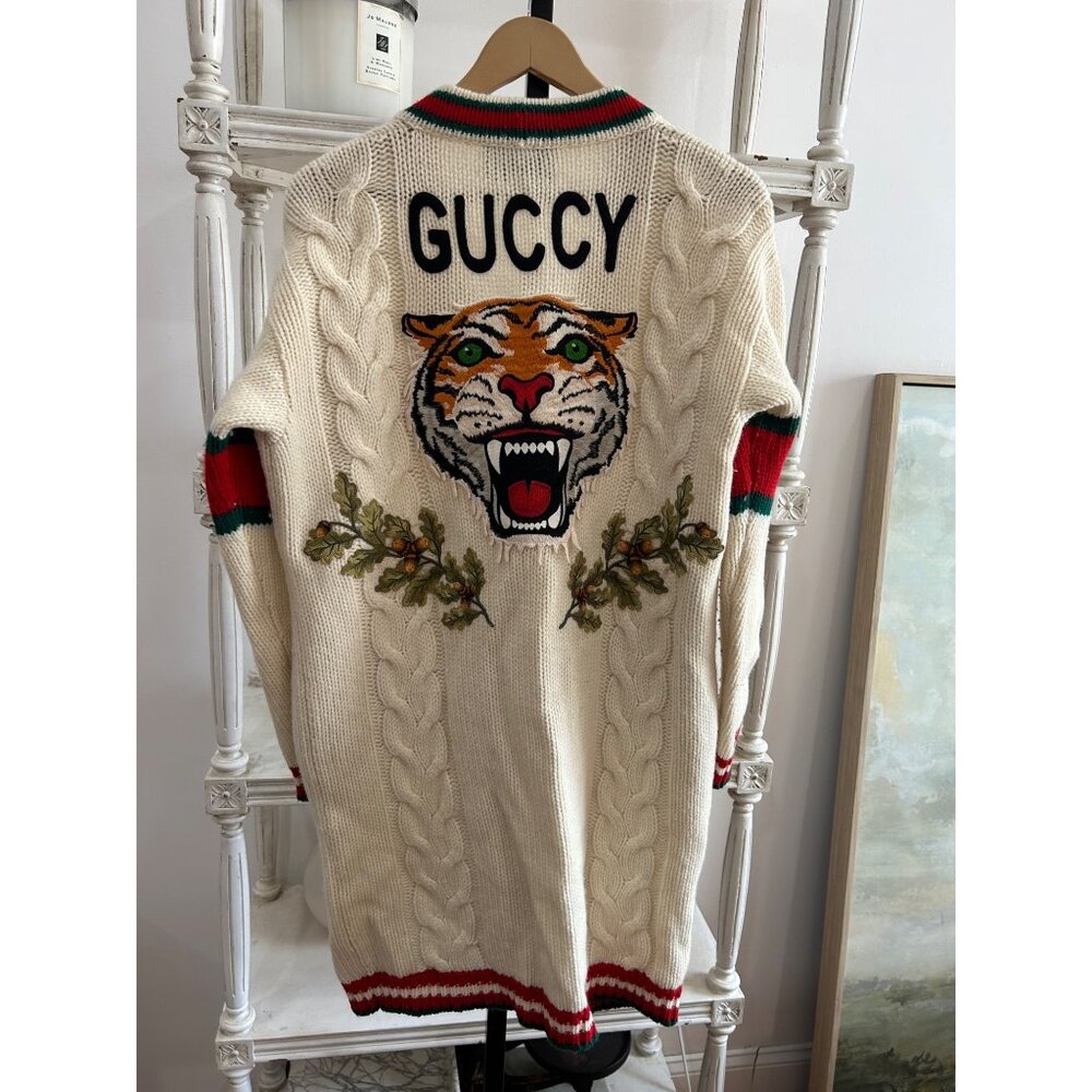 Gucci Embroidered Chunky Cable Knit Long Cardigan In White XS Small - Picture 5 of 5